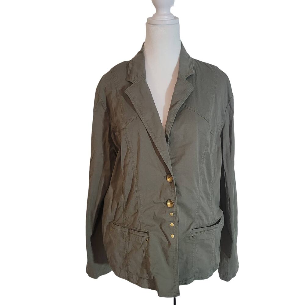 Chico's Size 3 US XL 16 Olive Green Jacket Stretch Unlined Gold Button Up Casual